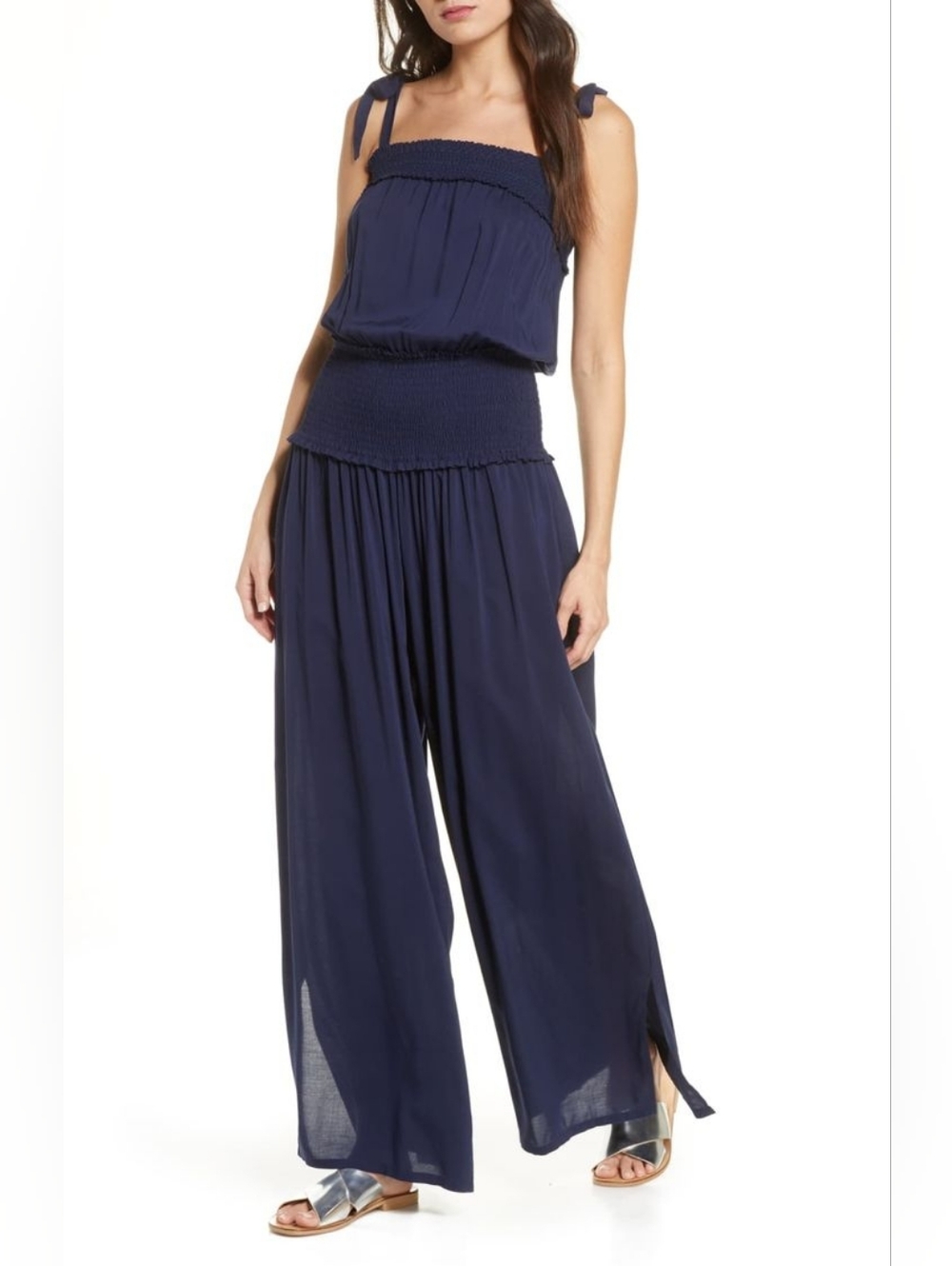 Tory Burch Smocked Tie Shoulder Wide Leg Jumpsuit Resort Flowy Navy Blue XS